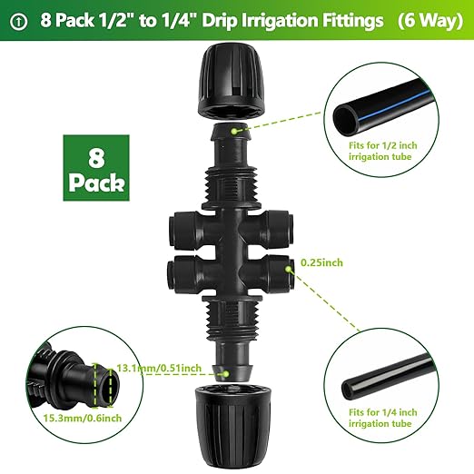 1/2 Inch To 1/4 Inch Drip Irrigation Fittings, 8 Pack Push-to-Fit 1/2" (1/2" ID x 0.65" OD) to 1/4" Drip Line Reducing Tee 1/2" x 1/4" 6 Way Splitter Connectors for Garden Irrigation System