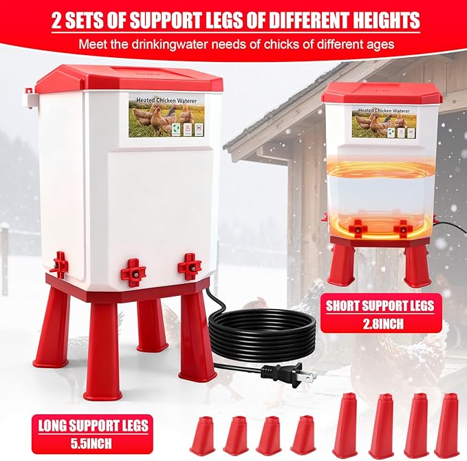 3 Gallon Heated Chicken Waterer for Winter Automatic Chicken Water Heater,Adsjustable Height Anti-Freezing Poultry Watering System with Thermostatic Control,Red,12.6 in x 8.3 inch x 8.3 in