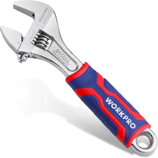 WORKPRO 6-inch Adjustable Wrench, Wide Jaw Opening Wrench with Rubber Anti-slip grip, Metric/SAE Scales, Premium Cr-V Steel, Chrome Plated