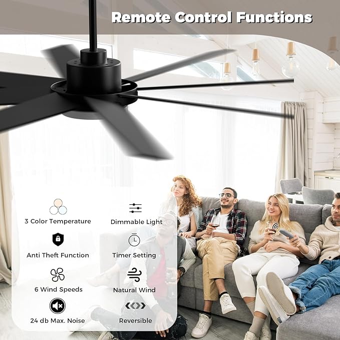 72 Inch Ceiling Fans with Lights and Remote, Outdoor Indoor Black LED Big Ceiling Fan Reversible 24db Quiet DC Motor, 6 Speed 3CCT Dimiable, Modern Ceiling Fans for Patios Living Room Farmhouse Garage
