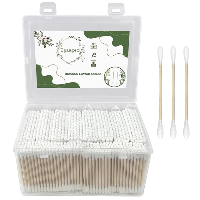 Egaageoi 1000 Count Bamboo Cotton Swabs - Double-Tipped, with Sturdy Bamboo Sticks - 100% Biodegradable and Plastic-Free Cotton Buds for Makeup, Ear Cleaning, and Pets - Zero Waste Eco-Friendly Swabs