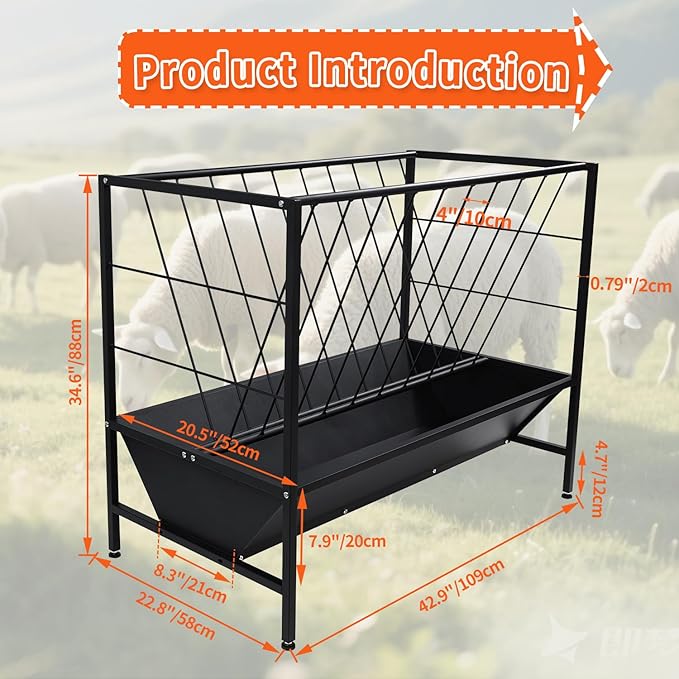 Yahpetes Pasture Hay Feeder 2 in 1 Goat Feeder 69 Gallon Capacity Livestock Rack 42.9''L X 20.5''W Hay Grain Livestock Feeder with V-Shaped Top Rack & Feed Pan for Sheep Farms Sheds