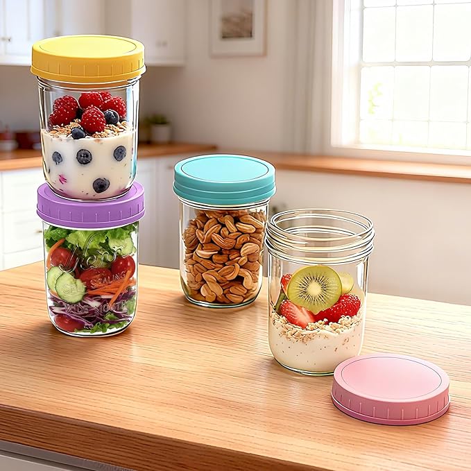4-pack Overnight Oats Containers with Lids, Spoons & Small Containers for Nuts, 16oz Glass Mason Overnight Oats Jars with Airtight Lid, Reusable Chia Pudding Jars Yogurt Parfait Container with Lids