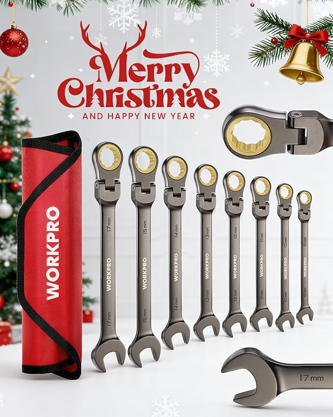 WORKPRO 8-piece Flex-Head Ratcheting Combination Wrench Set, Metric 9-17 mm, 72-Teeth, Cr-V Constructed, Nickel Plating with Organization Bag