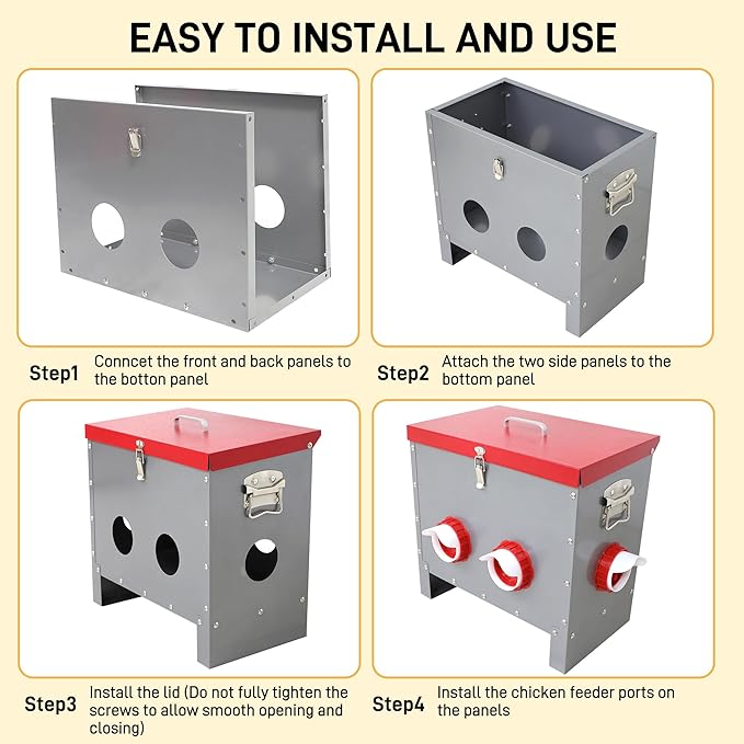 Automatic Chicken Feeder-40LB Metal Poultry Feeder No Waste with 6 Feeding Ports, Rat Proof Auto Chicken Feeders with Rust-Resistant Steel Frame, Locking Lid & Handle for Duck Geese Outdoor Use