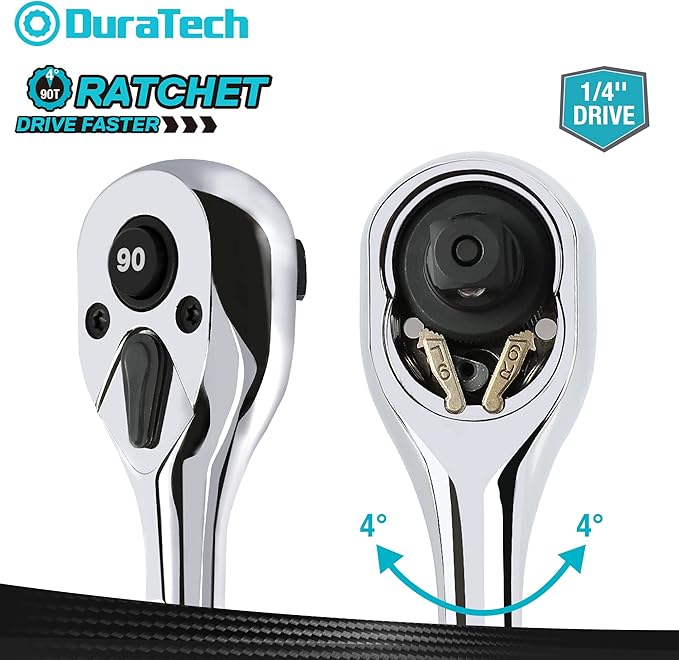 DURATECH 1/4-Inch Drive Ratchet, 90-Tooth Quick-release Ratchet Wrench, Reversible, Chrome Alloy Made, Full Polished, Stocking Stuffers for Men Gifts for Men Gifts for Women gifts for dad
