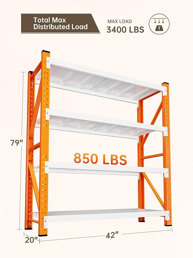 4-Tier Storage Shelves,79" H Heavy-Duty Garage Shelving Unit,Adjustable Metal Industrial Shelf System,3,000lbs Capacity,Tool Organizer for Garage,Workshop,42" W x 20" D x 79" H,Orange&White