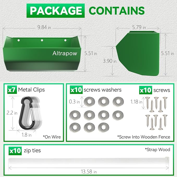 4.5 Quart Hanging Goat Feeder [Material of Metal] with Clips and Nylon Tie Wraps, Fence Feeder [Sturdy and Durable] for Goat, Pig and Dog, Green, 2 Pack