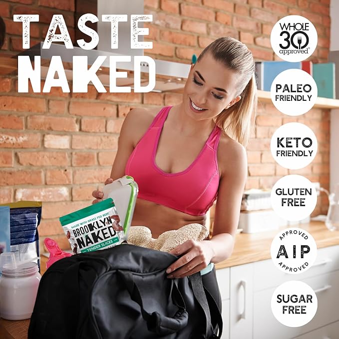 Brooklyn Biltong Air Dried Grass Fed Beef Snack, South African Beef Jerky (8 oz, Pack of 1) - Whole30 Approved, Paleo, Keto, Gluten Free, Sugar Free, Made in USA - (Naked)