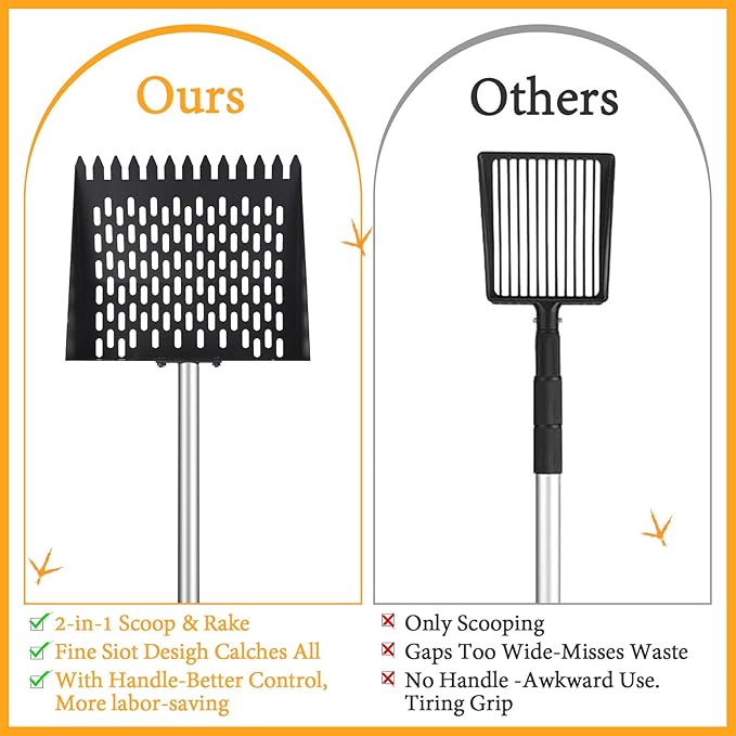 Chicken Poop Scooper and Rake 2-in-1 Metal Coop Scooper 15 to 65" Adjustable Stainless Steel Handle, with Small Net Shovel and Gloves Chicken Coop Goat Stall Stable Cleaning Tools