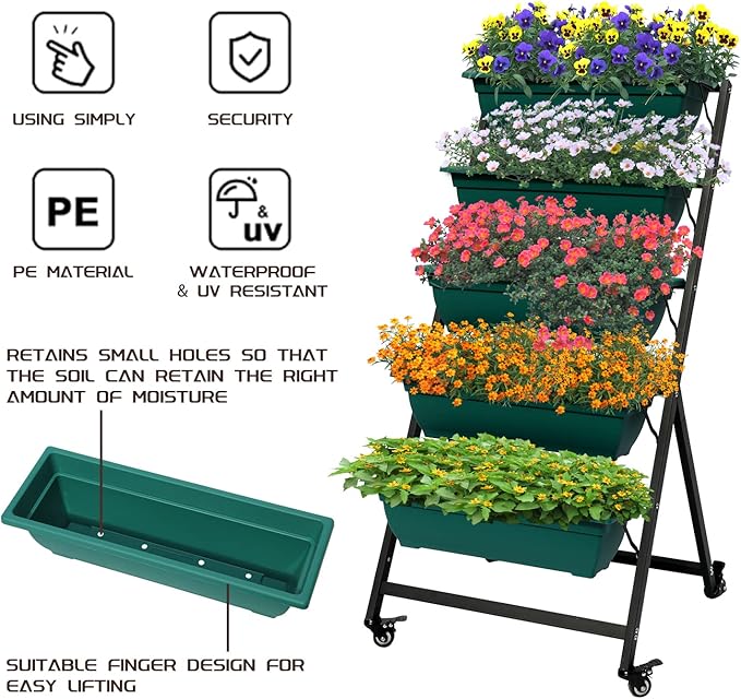 Vertical Raised Garden Bed, Freestanding Elevated Planter with Drain Holes, 5 Tier Planter Box Container Gardening Outdoor Indoor Gift for Flowers Vegetable Seeds Patio Balcony Greenhouse, Green