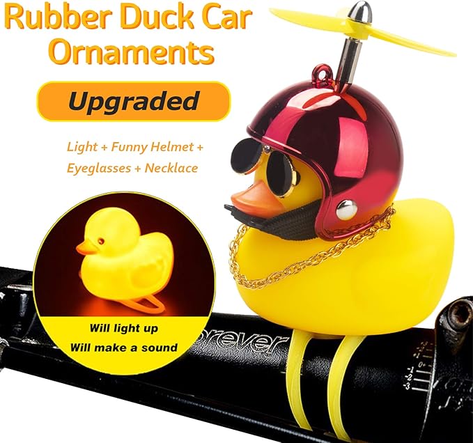 wonuu Rubber Duck Toy Car Ornaments Yellow Duck Car Dashboard Decorations Squeeze Duck Bicycle Horns with Propeller Helmet