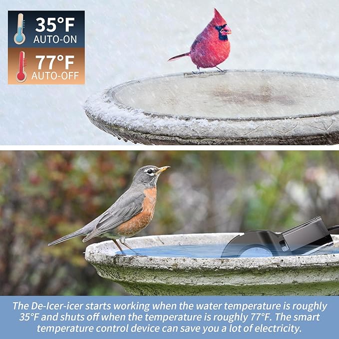 250 Watt Bird Bath De-Icer with Thermostat, Cast Aluminum Submersible Chicken Water Heater, Heated Bird Bath, Power Cord 9.8 Ft
