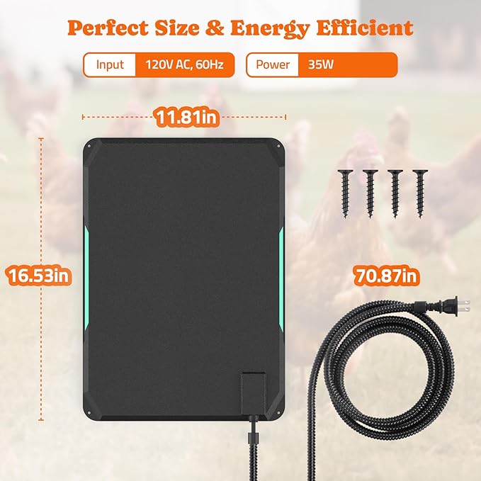Heated Chicken Pad for Brooders, Small Animal Pet Heating Pad, Warming Chick Nesting Pad with Chew Resistant Cord, Automatic Temperature, Waterproof Chicken Coop Heater Pad, 12 x 17 in, Black, 35W