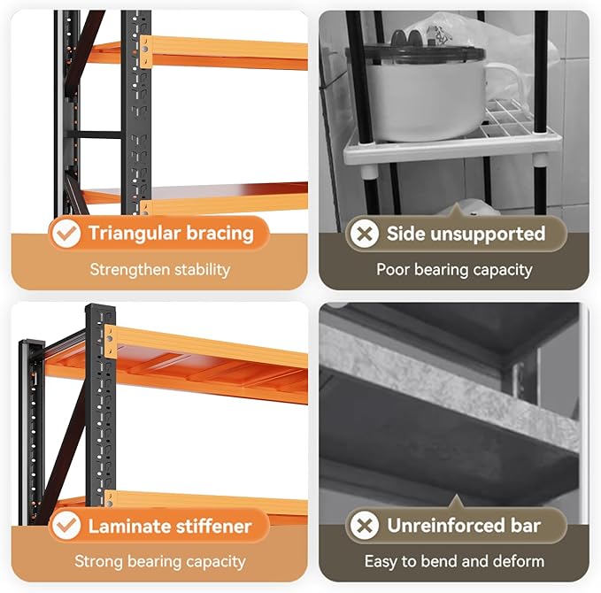 79" H Garage Shelving,3500LBS Heavy Duty Storage Rack,4 Tiers Metal Storage Rack Shelf, Adjustable Shelving Unit for Garage,Kitchen,Warehouse,Basement,78.7" H x 47.2" W x 19.6" D,Black&Orange