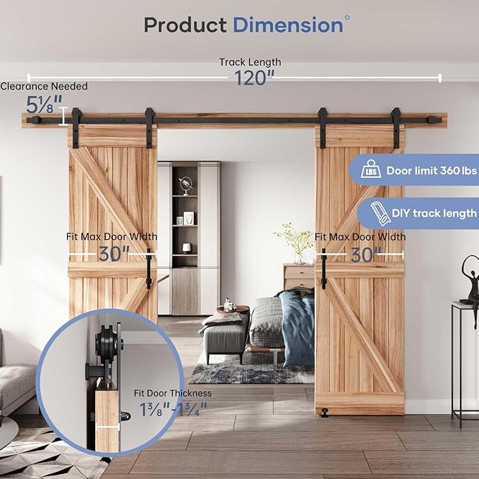EaseLife 10 FT Double Sliding Barn Door Track and Handle Hardware Kit,Straight Pulley,Slide Smoothly Quietly,Easy Install (10FT Track Kit for 27"~30" Wide Double Door)