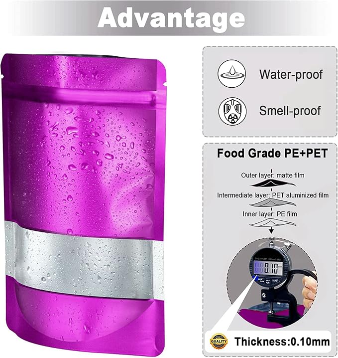 6.3"x9.5" 120pcs Mylar Bags for Food Storage,Smell Proof Bag with Matte Window Resealable Food Storage Bags for Small Business, Stand-up Foil Pouch Packaging Freeze Dried Candy Bag（Purple）