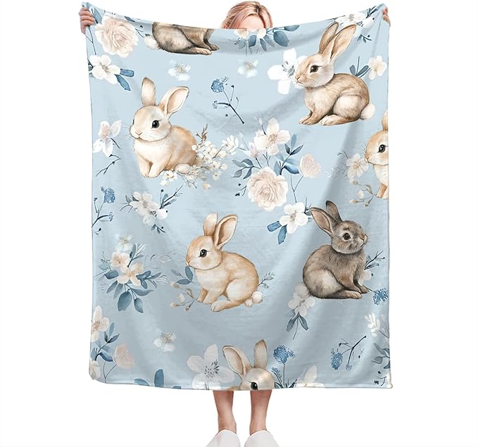 Rabbit Blanket Blue Bunny Rabbits Flower Throw Blanket Soft Warm Cozy Fuzzy Plush Gifts for Girls Women Lightweight Fleece Flannel Stuff Gift for Kids Adults 50"X40"
