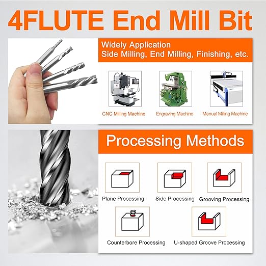 ASNOMY 8pcs 4-Flute Straight End Mill Set,1/8"-1/2" Inch CNC Milling Cutter Drill Bits Router Bits Cutter Tool Set for Wood Aluminum Cast Iron Copper Plastic
