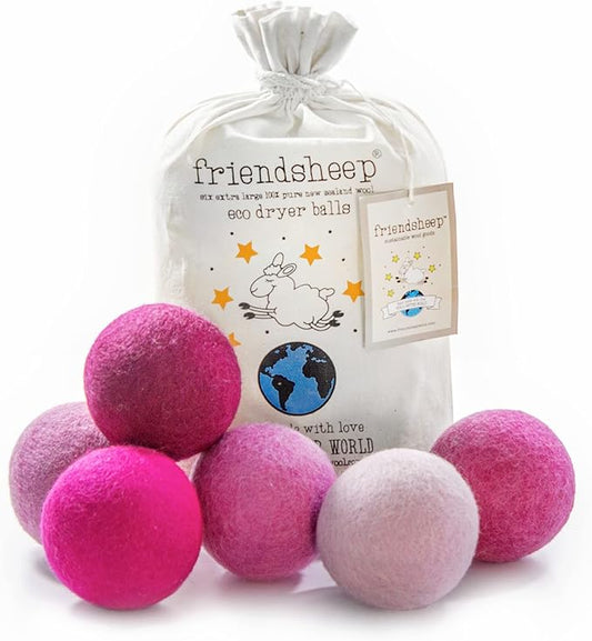 Friendsheep Wool Dryer Balls, Organic Reusable Fabric Softener Alternative for Laundry, Handmade, Fair Trade, Hypoallergenic, Eco-Friendly, Plastic-Free (6 Pack XL - Pink Valentine)