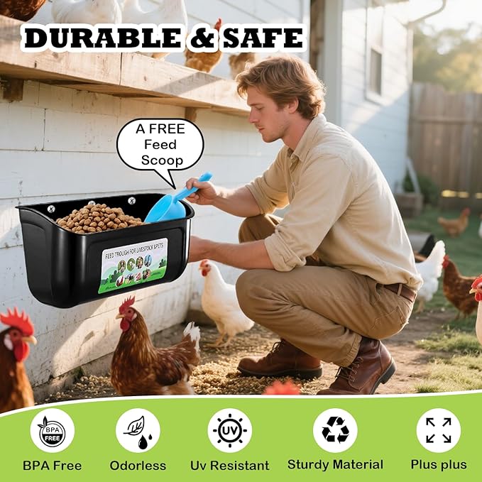 2 Pack Large Goat Feeder, Duck Chicken Feeder Waterer, Hanging Fence Feed Trough with Clips for Goat, Sheeple, Piglet, Gooses, Turkeys, Dog Livestock Poultry, Feed Scoop Included, Black