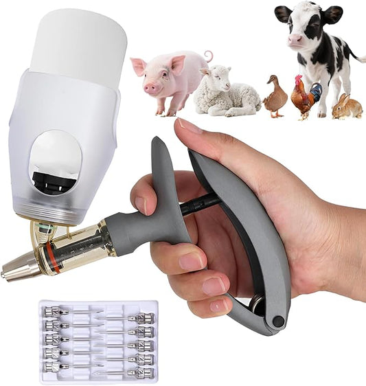 5ML Livestock Syringe Gun, Automatic Self Refill Injection Gun Continuous Adjustable Bottle Attachment Livestock Animal Syringe with 10 Needles, for Chicken, Duck, Pig, Sheep, Cow Poultry