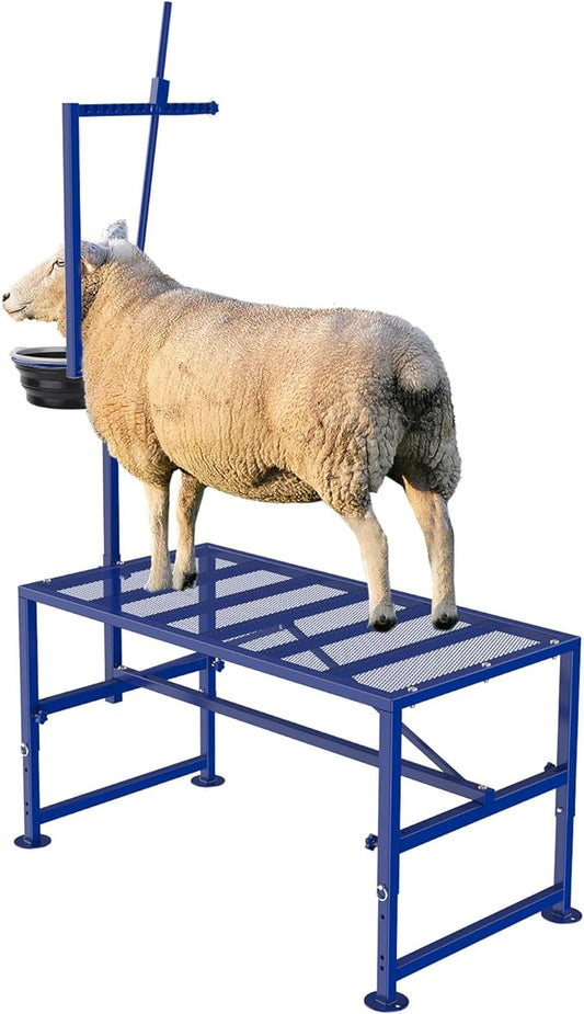 600 LBs Goat Stand with Feed Bin, Goat Milking Stand for Sheep Trimming and Milking, Hoof Trimming Stand Adjustable Size, with Feeder, Iron Blue