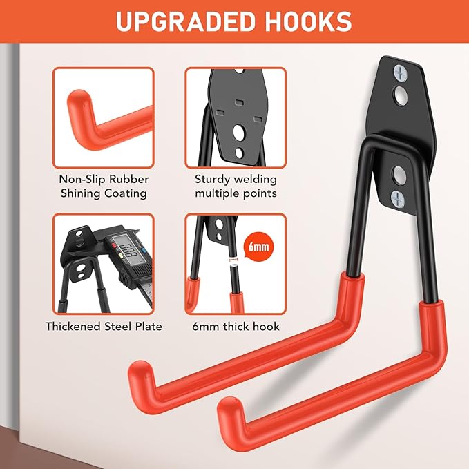 Garage Hooks with Anti-Slip Coating,Heavy Duty Wall Mount Storage Hooks for Hanging Bike,Hose,Ladder,Yard,Garden Tools (4 Pack Orange 5.2x5.1 Inch)