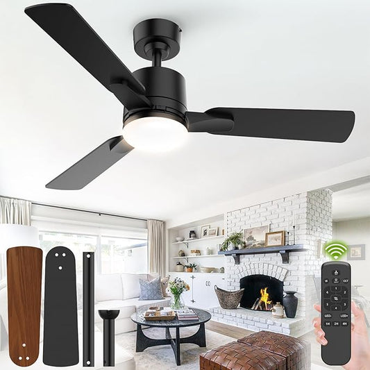 Ceiling Fans with Lights, 42 Inch Low Profile Ceiling Fan with Light and Remote Control,10 Min Quick Installation,Reversible,3CCT Dimmable,Quiet,Black Small Ceiling Fan for Bedroom Indoor/Outdoor