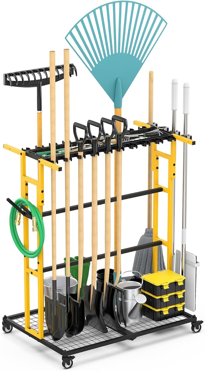 CCCEI Garage Organization with Wheels, Outdoor Gargen Yard Shed Tools Organizer Cart, Home Storage for Cleaning Supplies Organizer, Broom Holder, for Shovel and Rake, Long Farming and Farming Tools.