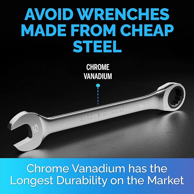 TOOLGUARDS 15mm Wrench - Ratcheting Wrench - Slim Profile - Ratchet Wrench - 100% Lifetime Satisfaction Guarantee