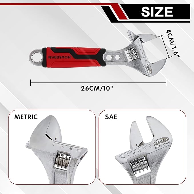 10-Inch Adjustable Wrench, Wide Jaw Adjustable Wrench with Anti-Slip Grips, Cr-V Steel Wrenchs for Home Repair, DIY, Garage