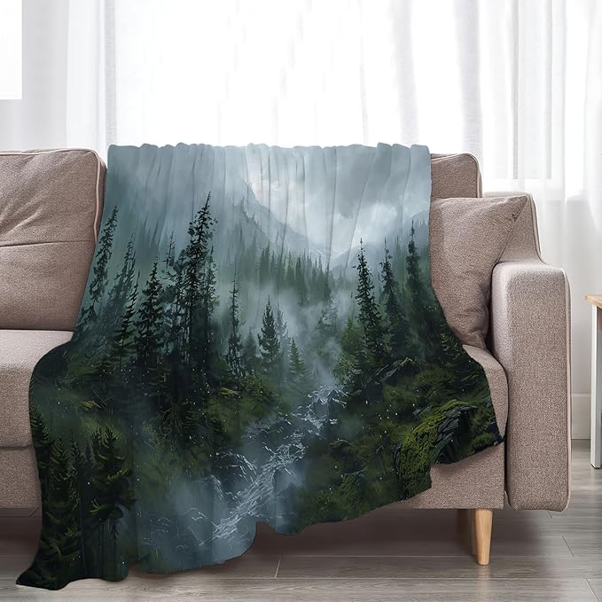 Forest Blanket Misty Mountain Tree Throw Blanket Cozy Plush Fleece Flannel Green Nature Blankets Landscape Party Gifts for Girls Boys Women Men 60"X50"