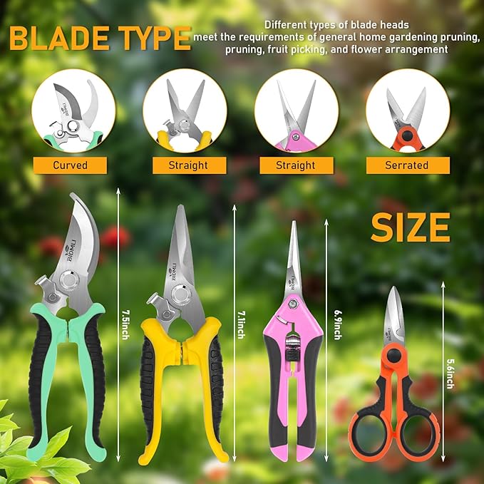 4-Pack Multifunctional Garden Scissors Set-Stainless Steel Pruning &Floral Shears with One-Piece Handle Blades for Tree Pruning, Flower Trimming, and Fruit Picking Tasks at Home&Garden Tool.