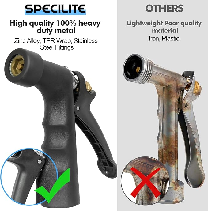 SPECILITE 3/4" Hot/Cold Garden Hose 75 ft with Industrial High Pressure Nozzle, Flexible & Lightweight, 600psi Burst Rubber Water hose -50℉-158℉ With 3/4" Brass Fittings for Yard, Black