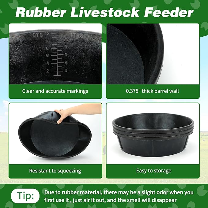 3Pcs Heavy Duty Rubber Feeder Pan, 12Q/3Gal Horses Feed Pan, Large Feed Bucket for Animal Feeding, Livestock Water Bowl Chicken Dust Bath Tub for Horse Goat Pig Dog Farm Livestock Poultry