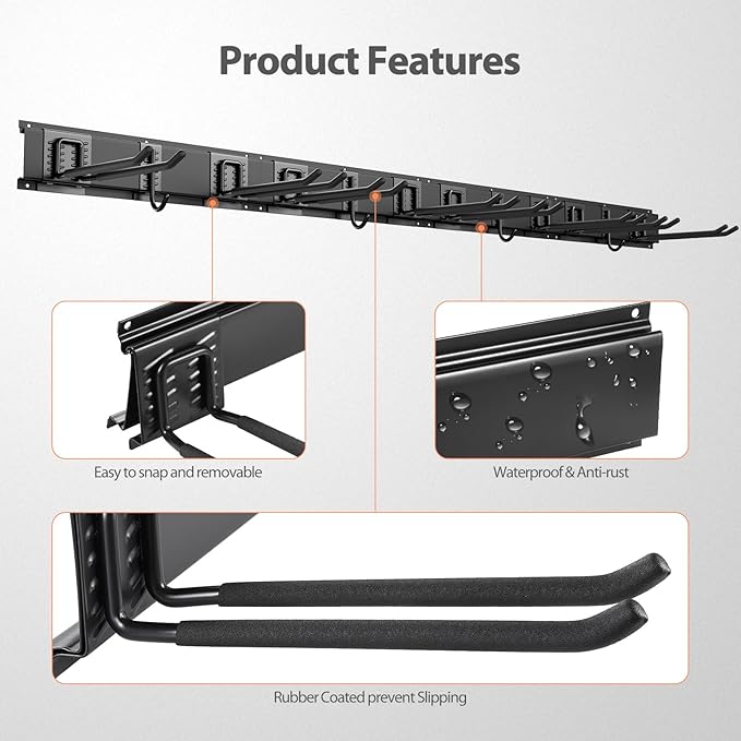 Garage Organizer - 64 Inch Wall Mount Tool Storage, 20PCs Heavy Duty Garden Tool Organizer with Adjustable Hooks, Max 900 lbs