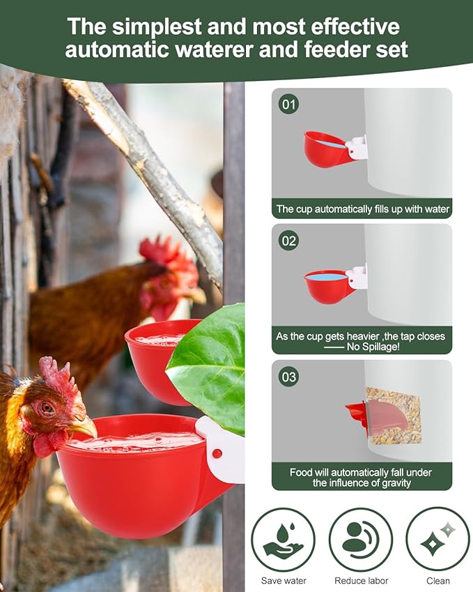 Chicken Feeder and Waterer Set, 8 Pack Chicken Waterer Cups and 4 Pack Chicken Feeders, DIY Automatic Large Chicken Water Feeder, Applicable to Ducks, Chicks, Other Various Poultry with Matching Drill