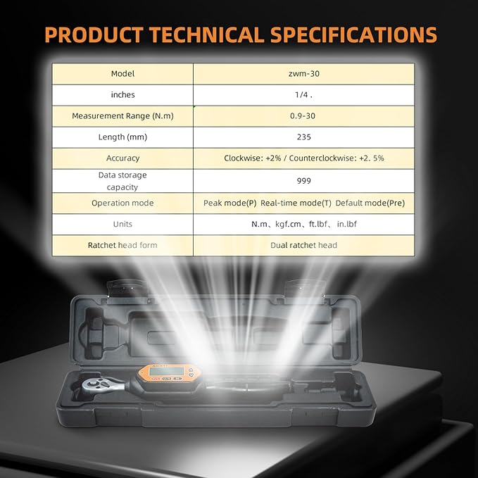 Digital Torque Wrench 1/4 Drive (7.37Ft/ 0.3-10 N.m)±2% High Accuracy Digital Torque Wrench with Buzzer and LED Flash Notification Four Units of Measure Torque Wrenches Digital