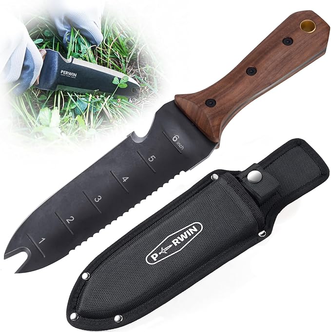 Hori Hori Garden Knife, Garden Tools with Sheath for Weeding, Planting, Digging, 7" Stainless Steel Blade with Cutting Edge, Full-Tang Walnut Wood Handle with Hanging Hole