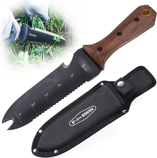Hori Hori Garden Knife, Garden Tools with Sheath for Weeding, Planting, Digging, 7" Stainless Steel Blade with Cutting Edge, Full-Tang Walnut Wood Handle with Hanging Hole