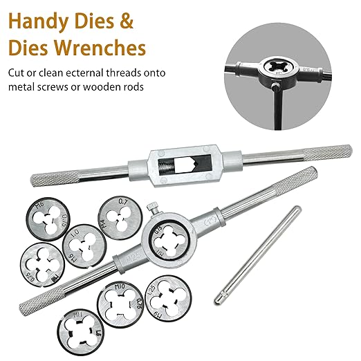 40PCS Tap and Die Set, Metric Screw Threads M3, M4, M5, M6, M7, M8, M10, M12, Both Coarse and Fine Types | Essential Threading Tool Kit with Complete Handles, Accessories and Case