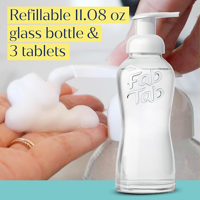 Fab Tab Foaming Hand Soap Dispenser - Refillable Glass Foaming Hand Soap Dispenser + 3 Tablet Refills | Variety Scents | Makes 3 x 11.9 Fl oz Bottles