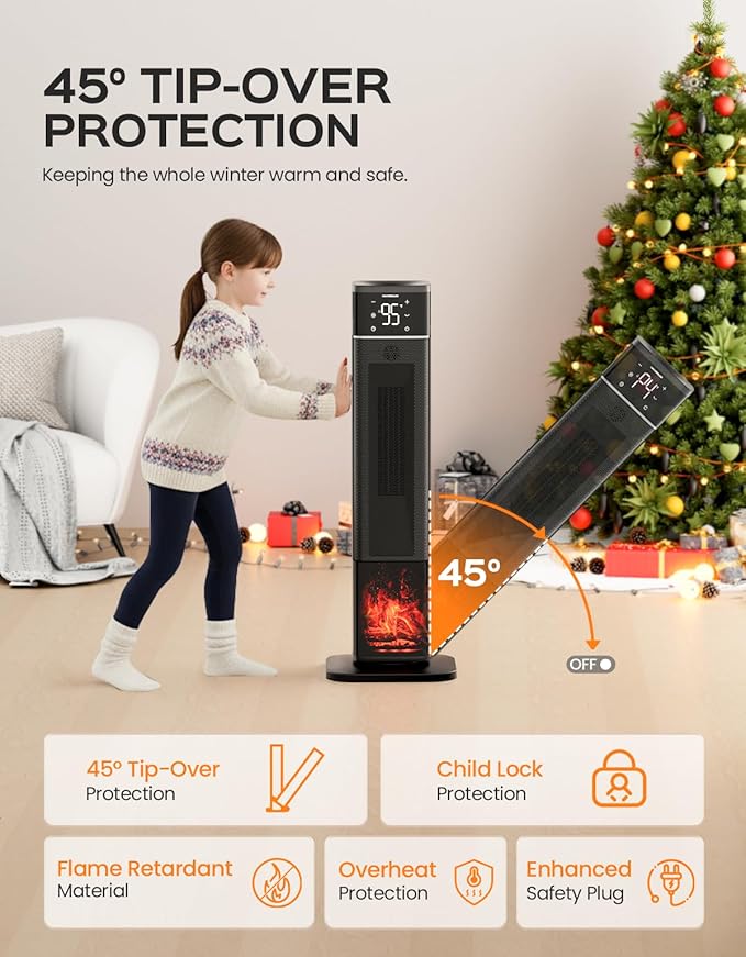 32.3" Portable Space Heaters for Indoor Use Large Room, 1500W Tower Electric Space Heater with 3D Flame, PTC Ceramic Space Heaters with Remote (Black, 33-inch)