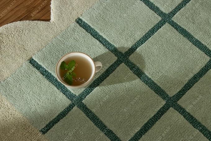 Mint Green Scalloped Edge Wool Area Rug with Checker Grid Design, Hand-Tufted Soft Carpet for Living Room, Bedroom, Nursery, Kids & Playroom Décor - 4x6 Ft
