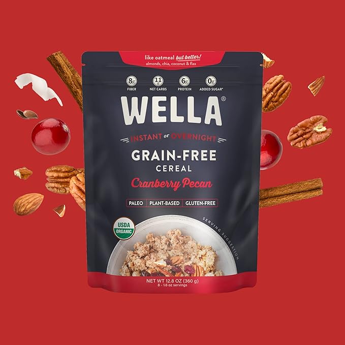 Wella Cereal Oatmeal Alternative, Gluten-Free Breakfast Hot Cereal, Grain-Free Paleo Organic Vegan High Protein Superfood, Plant-Based Non-GMO, Low in Net Carbs, Multi-Serve Bag, Cranberry Pecan Flavor (1 Count, 12.8 oz. Bag)