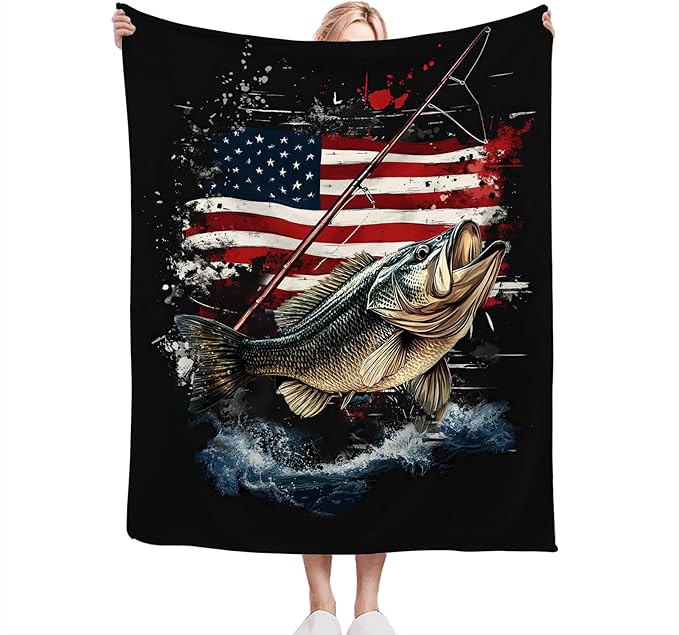 Fishing Blanket American Flag Fish Throw Blanket Soft Warm Cozy Fuzzy Plush Gifts for Girls Women Lightweight Fleece Flannel Stuff Decor Gift for Kids Adults 50"X40"