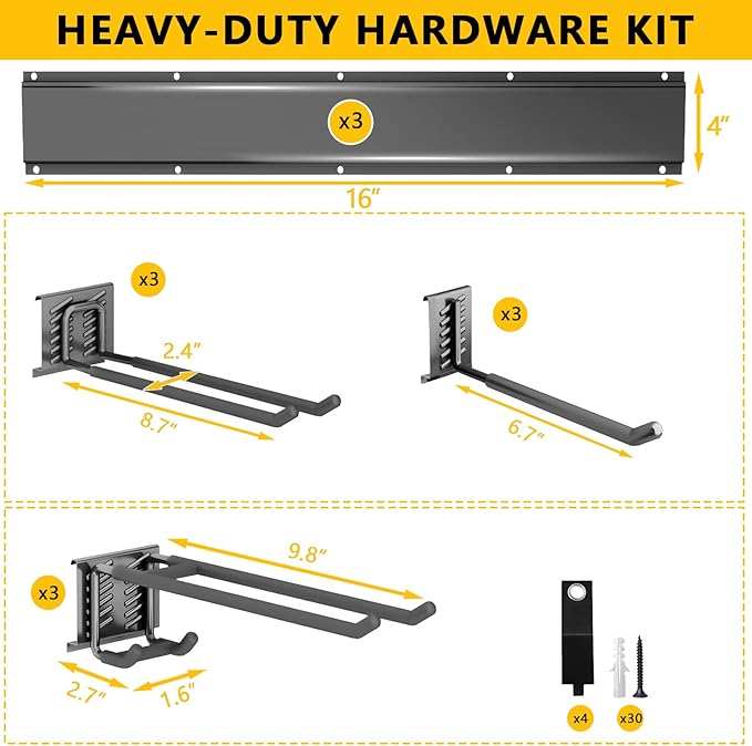 Garage Tool Organizer Wall Mount, 48inch Heavy-Duty Garage Storage System and Garden Tool Organizer with 9 Adjustable Hooks for Shovel, Snowboard, Yard Tools and Shed