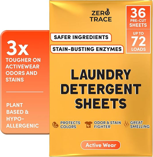 Zero Trace All Natural Laundry Detergent Sheets Eco Friendly - Laundry Soap - Active Wear Travel Laundry Detergent (72 Loads 36 Sheets)