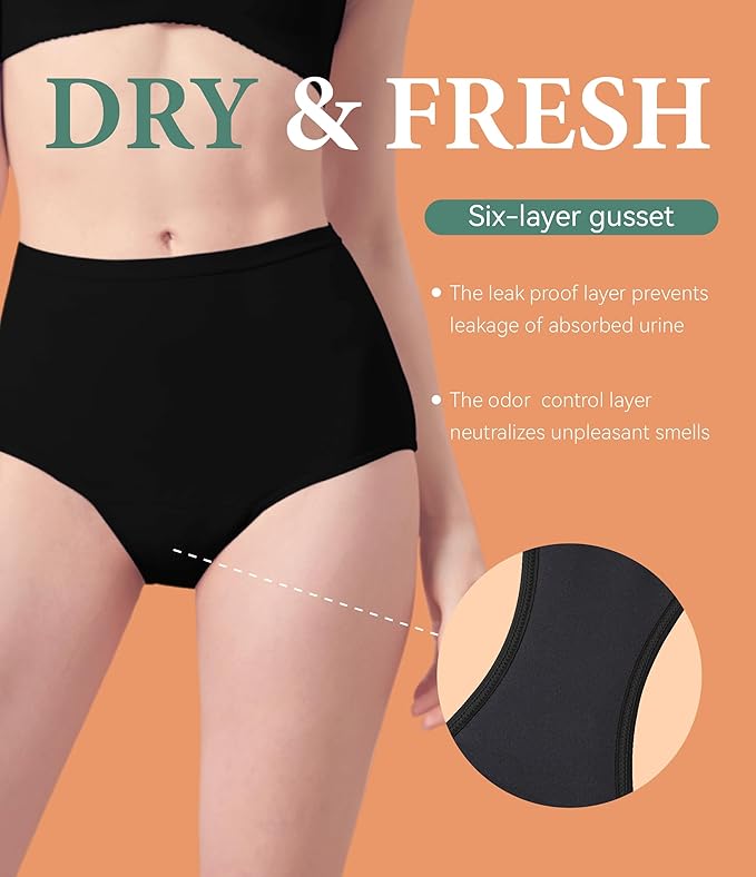 Womens Washable Incontinence Underwear Bladder Leak Proof Odor Control Briefs 56 ml Absorbency Panties 3 Pack (3 Black, 3XL)